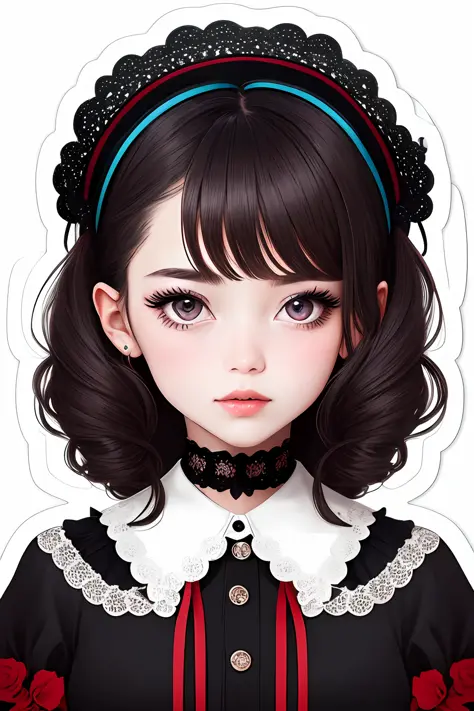 ((sticker)), a 1girl, Gothic Lolita Fashion、Portrait、Shiberpunk (A Masterpiece:1.2), （White background）、(maximum quality), (ultr...