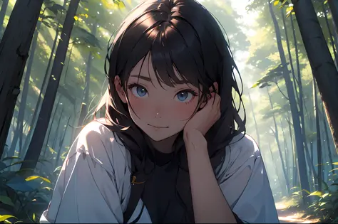 A girl in the forest with sunlight on her face
