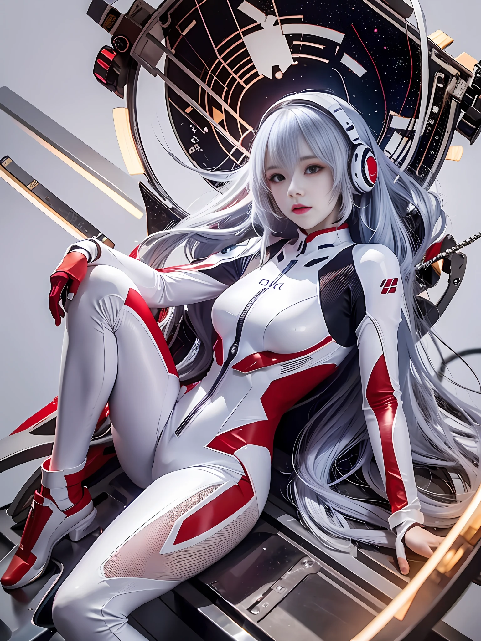 (8K, bestquality, Masterpiece:1.2),high detalisation,Masterpiece,Ultra-detailed,solo,a 1girl,(White Background:1.5),(delicated eyes),Plugsuit, a 1girl, Star_\(sky\), short Hair, starry_sky, bodysuit, ayanami_rei, solo, night_sky, redhead_eyes, redhead_background, breasts, white_bodysuit, pilot_suit, lance_of_longinus, Bangs, light_particles, interface_headset, souryuu_asuka_langley,Full Body, white hair,