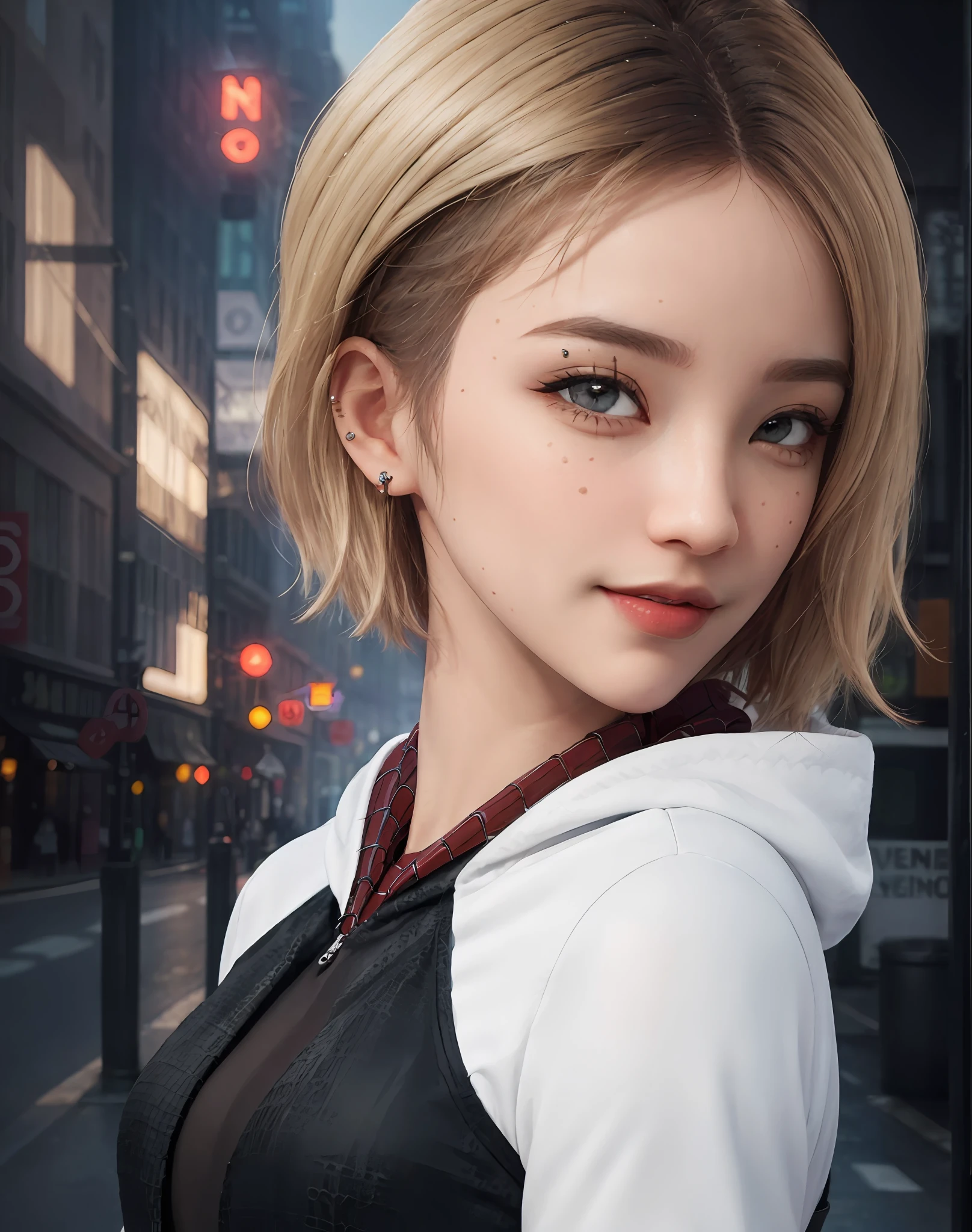 (masterpiece), ((best quality)), parted lips, light_smile, cinematic lighting, ultra-realistic, ((realistic)), (gwen_stacy), blonde_hair, short_hair, solo, sidecut, asymmetrical_hair, parted_lips, eyebrow_piercing, (detailed face), beautiful 1girl, 1girl, looking at viewer, (beautiful detailed eyes), bodysuit, spider-suit, white hoodie, hood_down, portrait, upper_body, (side of head shaved), (small breasts)