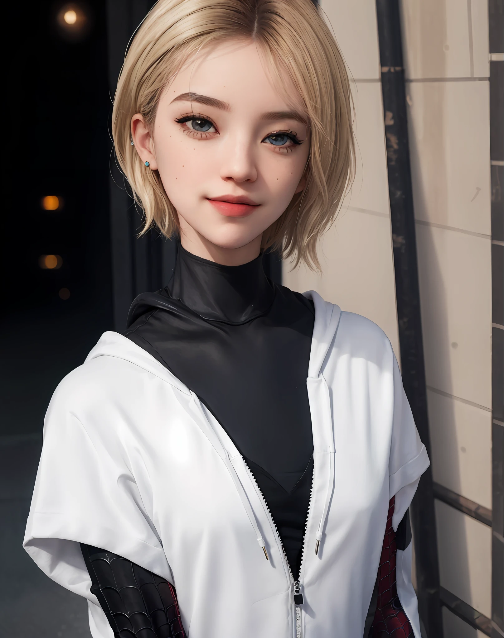 (masterpiece), ((best quality)), parted lips, light_smile, cinematic lighting, ultra-realistic, ((realistic)), (gwen_stacy), blonde_hair, short_hair, solo, sidecut, asymmetrical_hair, parted_lips, eyebrow_piercing, (detailed face), beautiful 1girl, 1girl, looking at viewer, (beautiful detailed eyes), bodysuit, spider-suit, white hoodie, hood_down, portrait, upper_body, (side of head shaved), (small breasts)