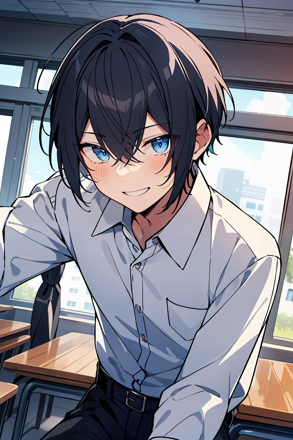 (high-quality, breathtaking),(expressive eyes, perfect face), 1boy, male, solo, young boy, dark blueish black hair with long side bangs, blue eyes, smile, white button up shirt, pants, at school