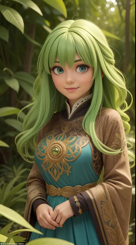 Distintivo: Gaia possui longos cabelos verdes e olhos azuis brilhantes. Ela usa um traje verde e marrom, com detalhes em forma d...