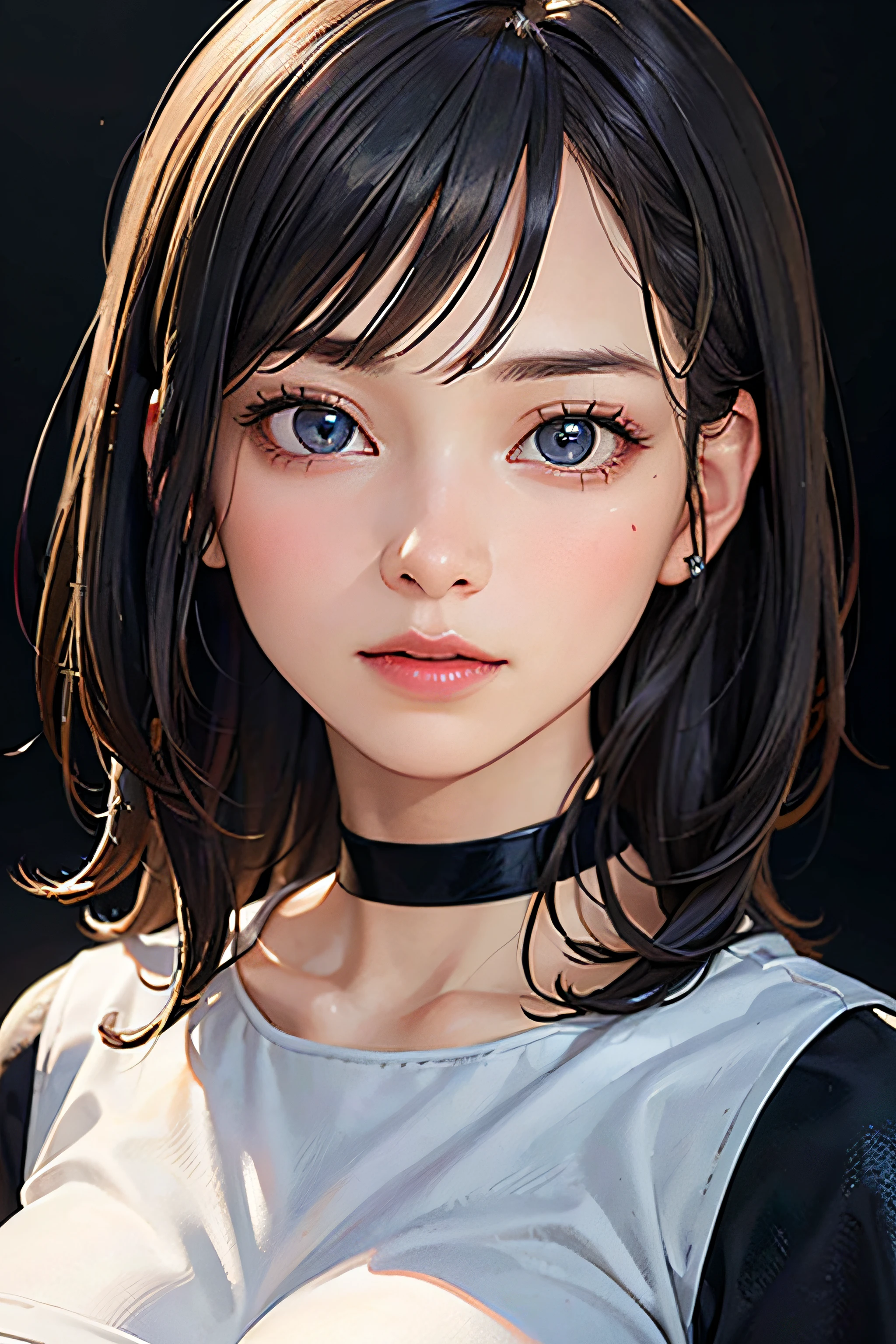 best quality, ultra high res, (((Very detailed face)))), ((Very detailed eyes and face)))), Beautiful detail eyes, (photorealistic:1.4), 1girl, crop-top shirt, black choker, (faded ash gray hair:1), (huge breasts:1.2),full body portrait, looking at viewer, closeup ,