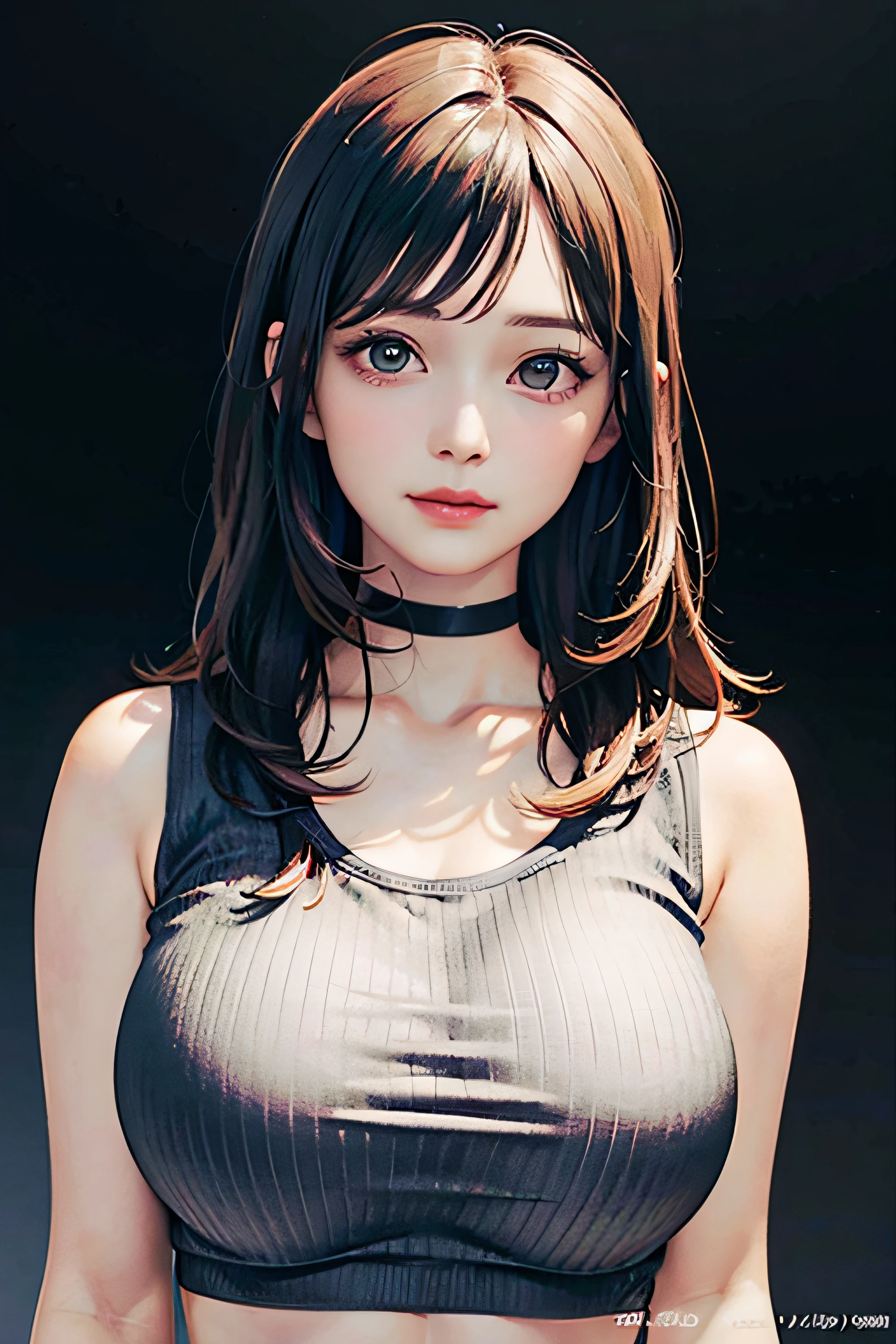 best quality, ultra high res, (((Very detailed face)))), ((Very detailed eyes and face)))), Beautiful detail eyes, (photorealistic:1.4), 1girl, crop-top shirt, black choker, (faded ash gray hair:1), (huge breasts:1.2),full body portrait, looking at viewer, closeup ,