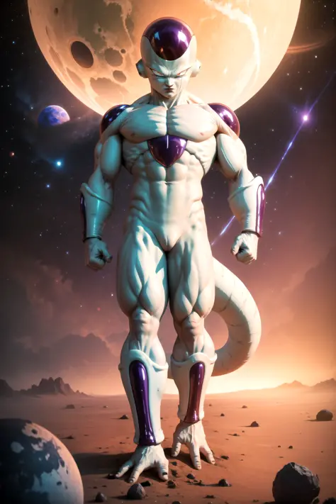 masterpiece, best quality, frieza, 1boy, clenched hands, earth \(planet\), full body, looking at viewer, male focus, tail, planet, red eyes, solo, space