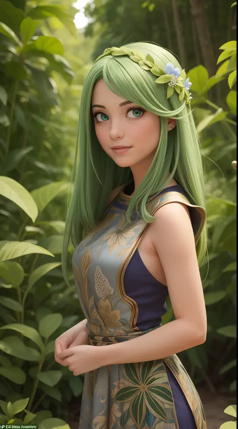 Distintivo: Gaia possui longos cabelos verdes e olhos azuis brilhantes. Ela usa um traje verde e marrom, com detalhes em forma d...