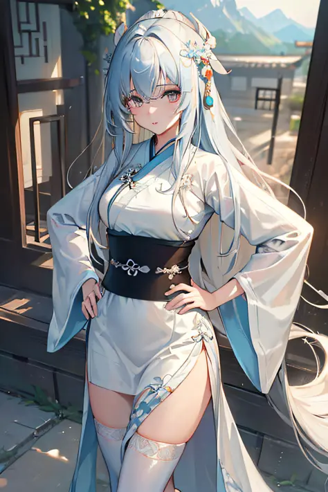 (masterpiece:1.5),(best quality:1.5),(ultra-detailed:1.5),illustration,cowboy shot,1girl,solo,(buildings),perfect face,lustrous skin,long hair,beautiful detailed eyes,beautiful flowing hair,(ru_qun:1.5),(hanfu:1.5),chinese clothes, white dress,white thighh...