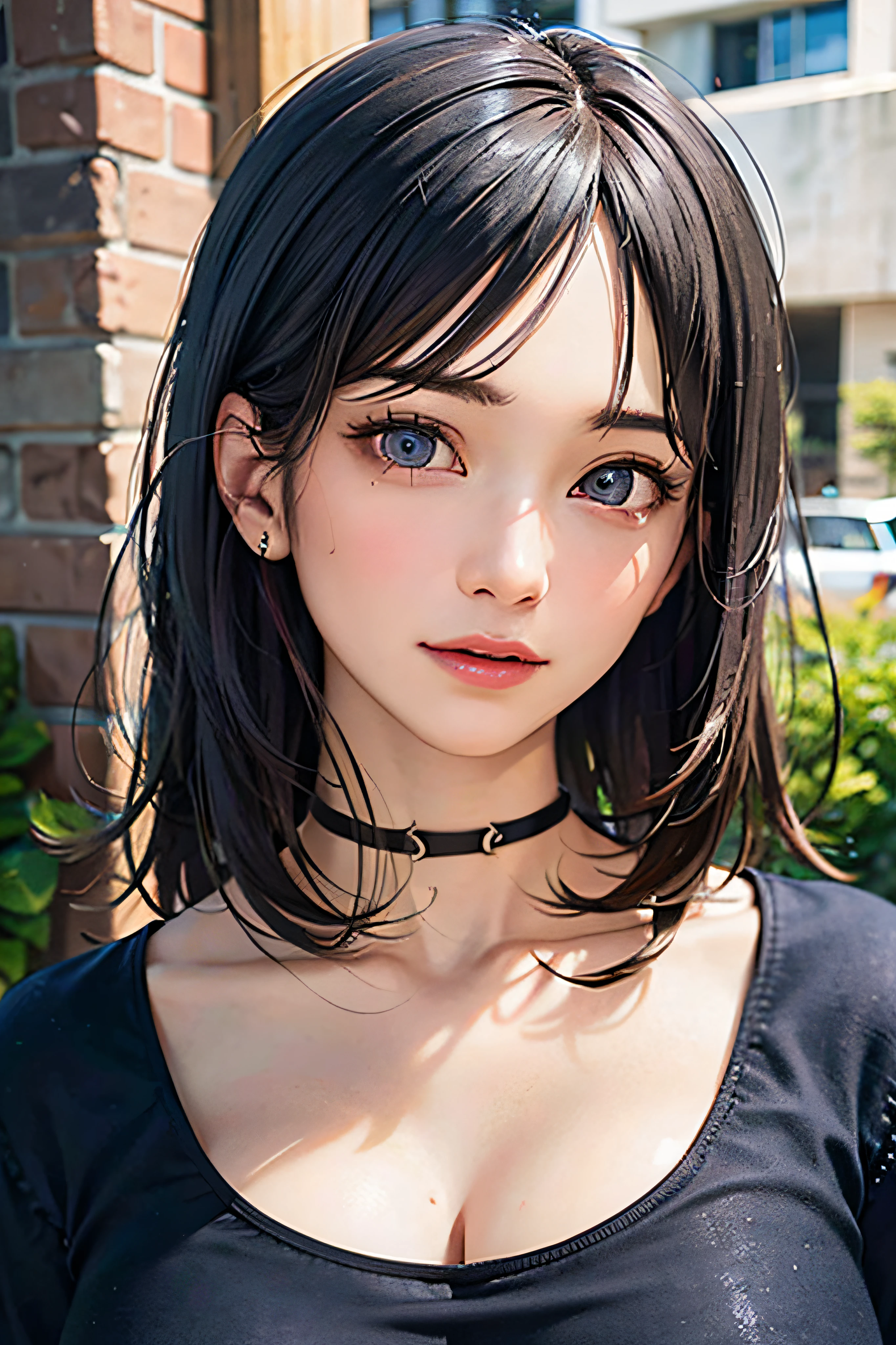 best quality, ultra high res, (((Very detailed face)))), ((Very detailed eyes and face)))), Beautiful detail eyes, (photorealistic:1.4), 1girl, crop-top shirt, black choker, (faded ash gray hair:1), (huge breasts:1.2),full body portrait, looking at viewer, closeup ,