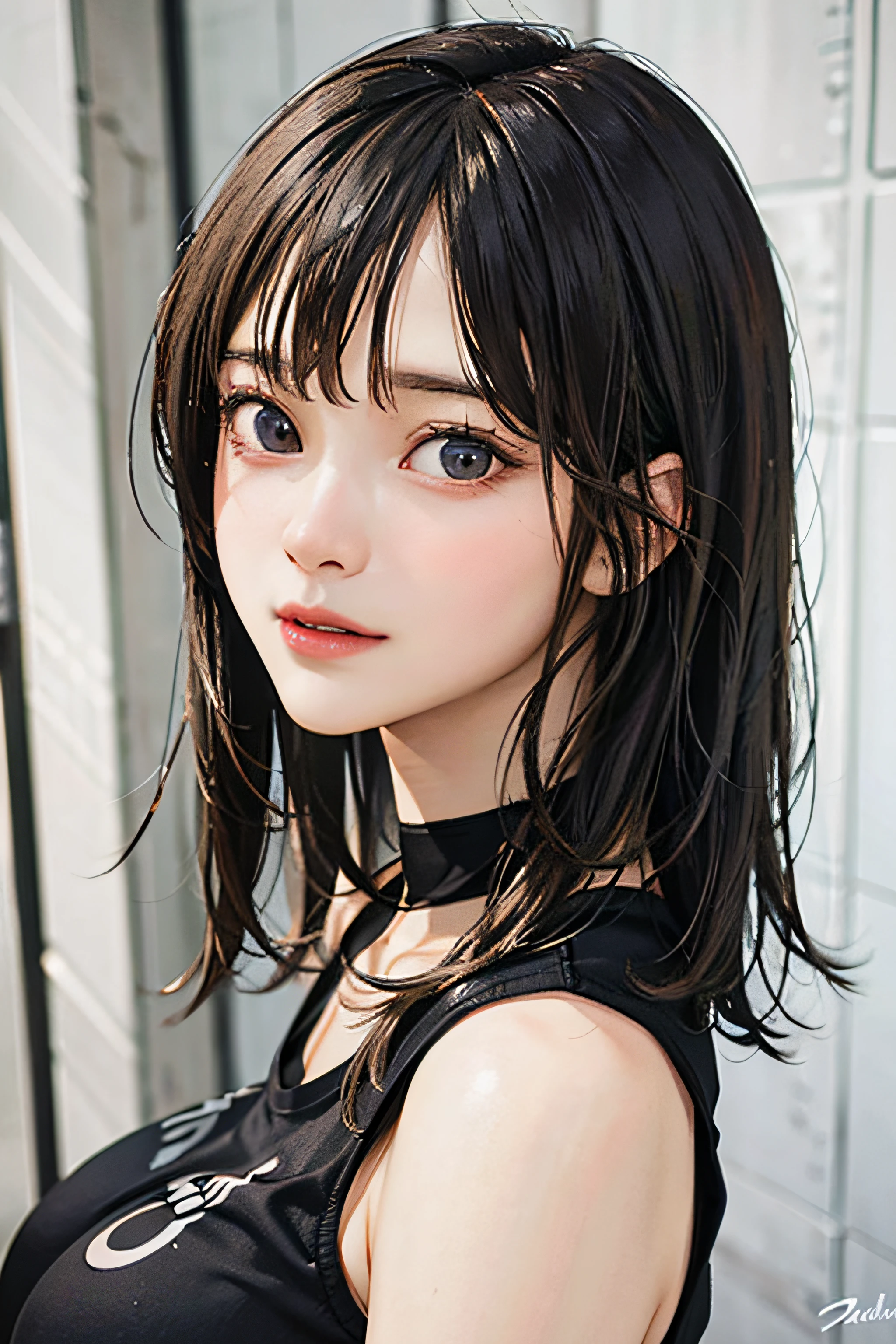 best quality, ultra high res, (((Very detailed face)))), ((Very detailed eyes and face)))), Beautiful detail eyes, (photorealistic:1.4), 1girl, crop-top shirt, black choker, (faded ash gray hair:1), (huge breasts:1.2),full body portrait, looking at viewer, closeup ,