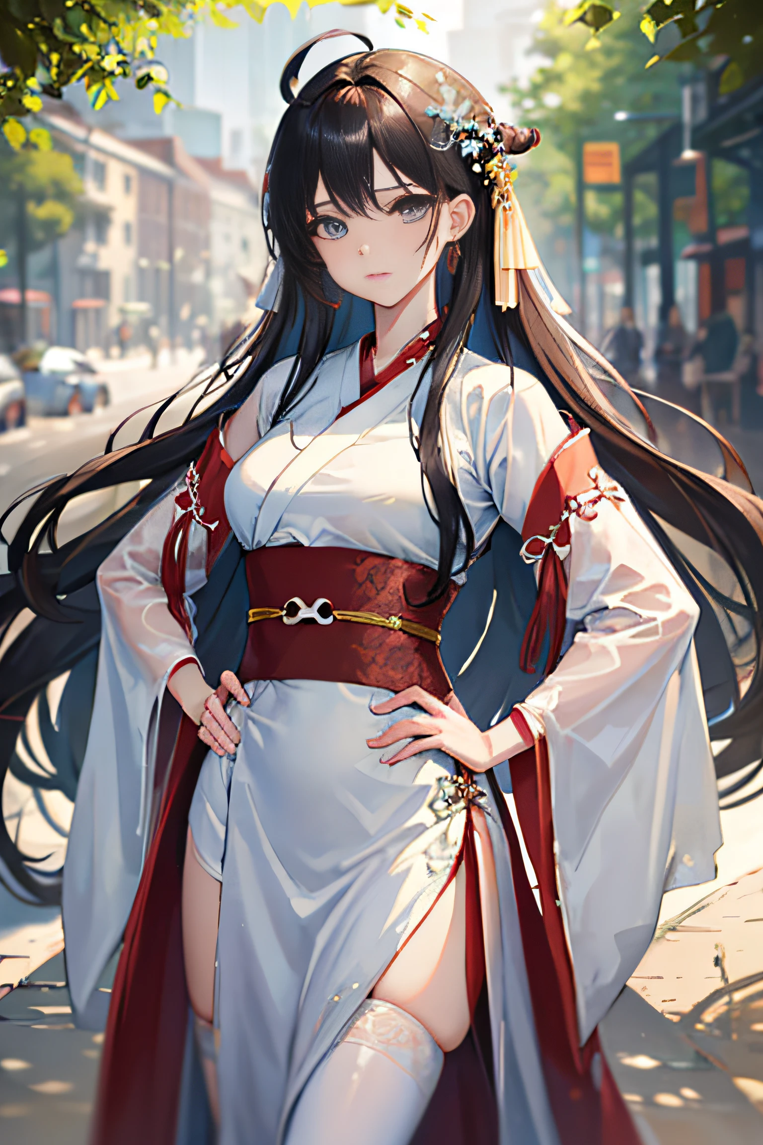 (masterpiece:1.5),(best quality:1.5),(ultra-detailed:1.5),illustration,cowboy shot,1girl,solo,(buildings),perfect face,lustrous skin,long hair,beautiful detailed eyes,beautiful flowing hair,(ru_qun:1.5),(hanfu:1.5),chinese clothes, white dress,white thighhighs, (bloom),lighting, ray tracing,outdoors,  mountains, nature,hair ornament, hair ribbon,hand on hip,looking at viewer,ahoge,large breasts, (deep depth of field:1.5),hair ornament, forest,barefoot sandals