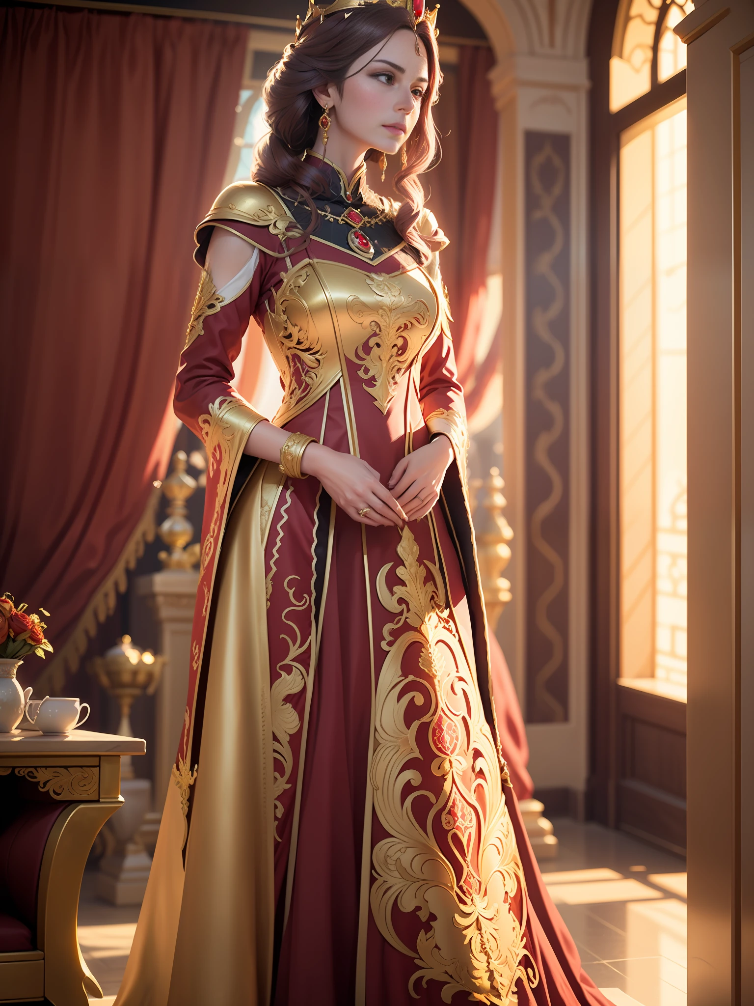 best quality, masterpiece, detail, intricate details, realistic cinematic lighting, (fantasy art: 1.6), (ceza: 1.1), (façade: 1.2), upright, royal, majestic, queen, (huge and golden thrones: 1.4), crown, close up front, solemn, throne, upright posture, serious, dignity, gaze ahead, contemplation, jewelry, solo, divine light, 1 woman, (gold and red dresses:1.2), golden palace,mirelia