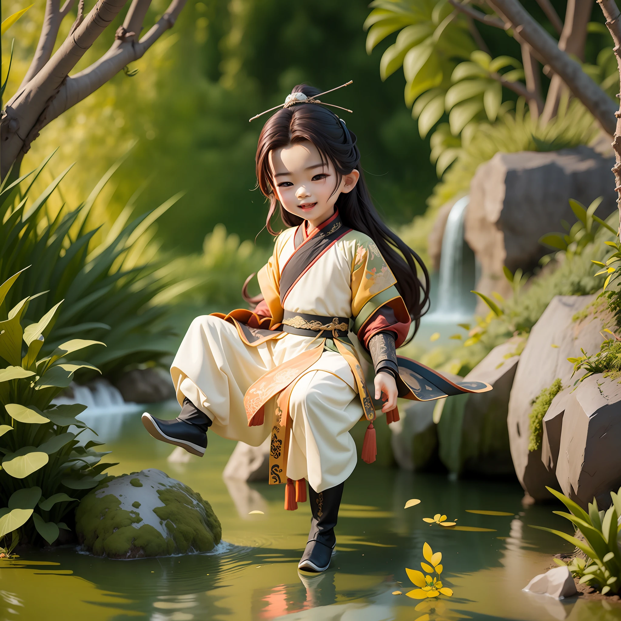 (Masterpiece),(Need),(Super meticulous),(all over the body:1.2),（1boy，6-year-old Tang dynasty poet Li Bai，Hanfu，Laugh，Cliffs and waterfalls，Chibi T-Shi，fullbody，