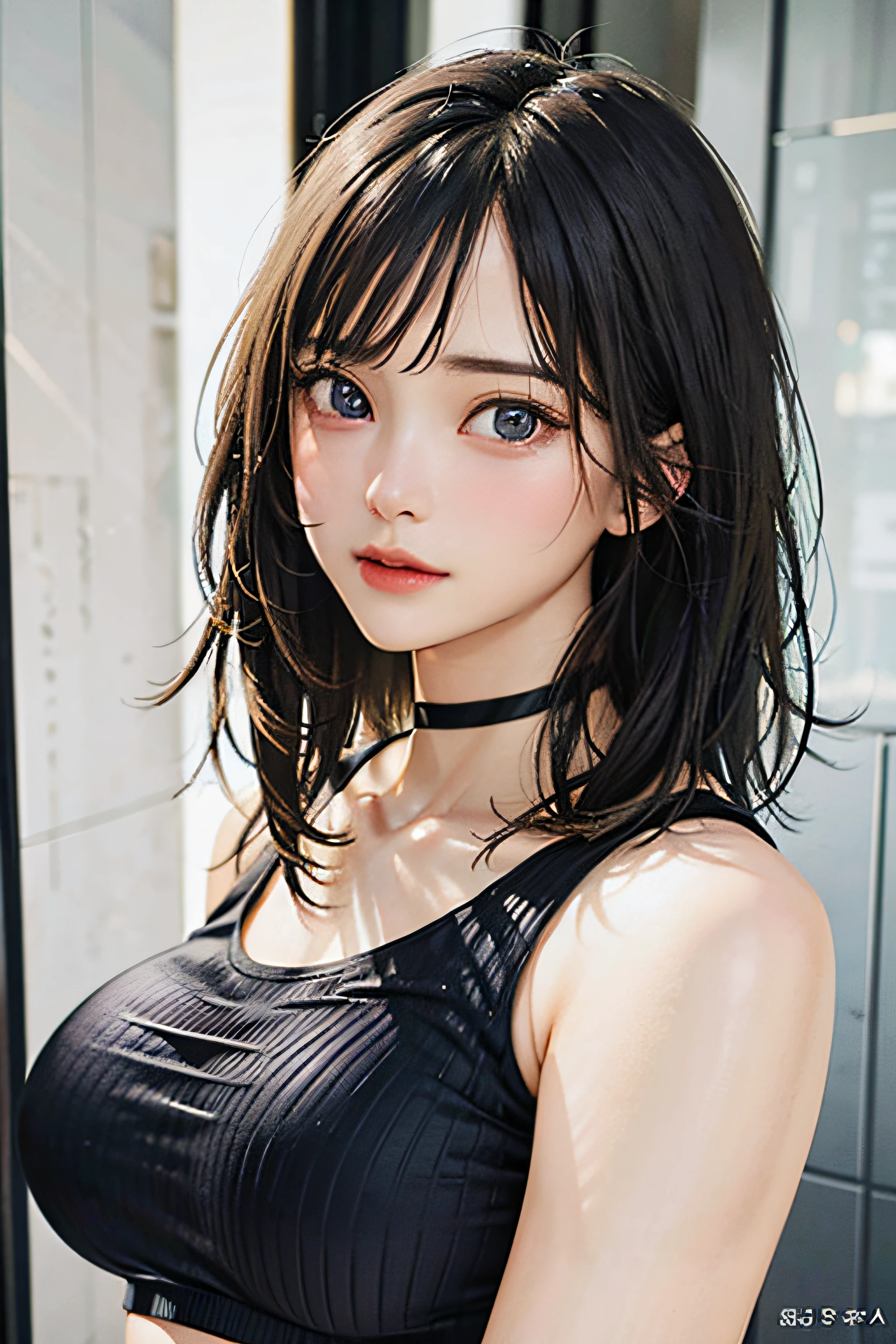 best quality, ultra high res, (((Very detailed face)))), ((Very detailed eyes and face)))), Beautiful detail eyes, (photorealistic:1.4), 1girl, crop-top shirt, black choker, (faded ash gray hair:1), (big breasts:1.2),full body portrait, looking at viewer, closeup ,