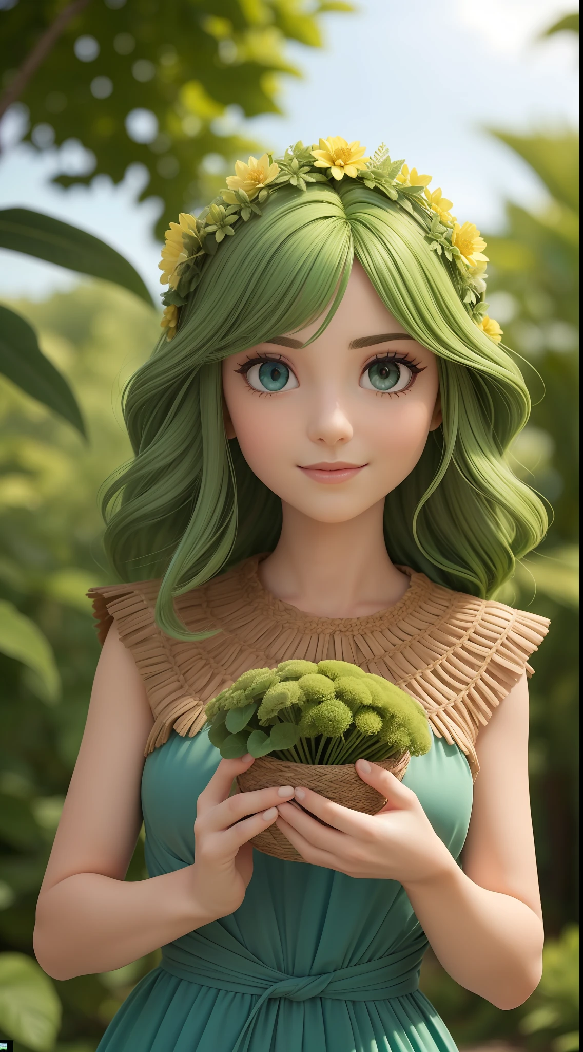 (distinctive: Gaia has long green hair and bright blue eyes. She wears a green and brown outfit, with details in the shape of leaves and flowers. Gaia is an advocate of harmony between humans and nature, fighting to protect the environment from threats.)