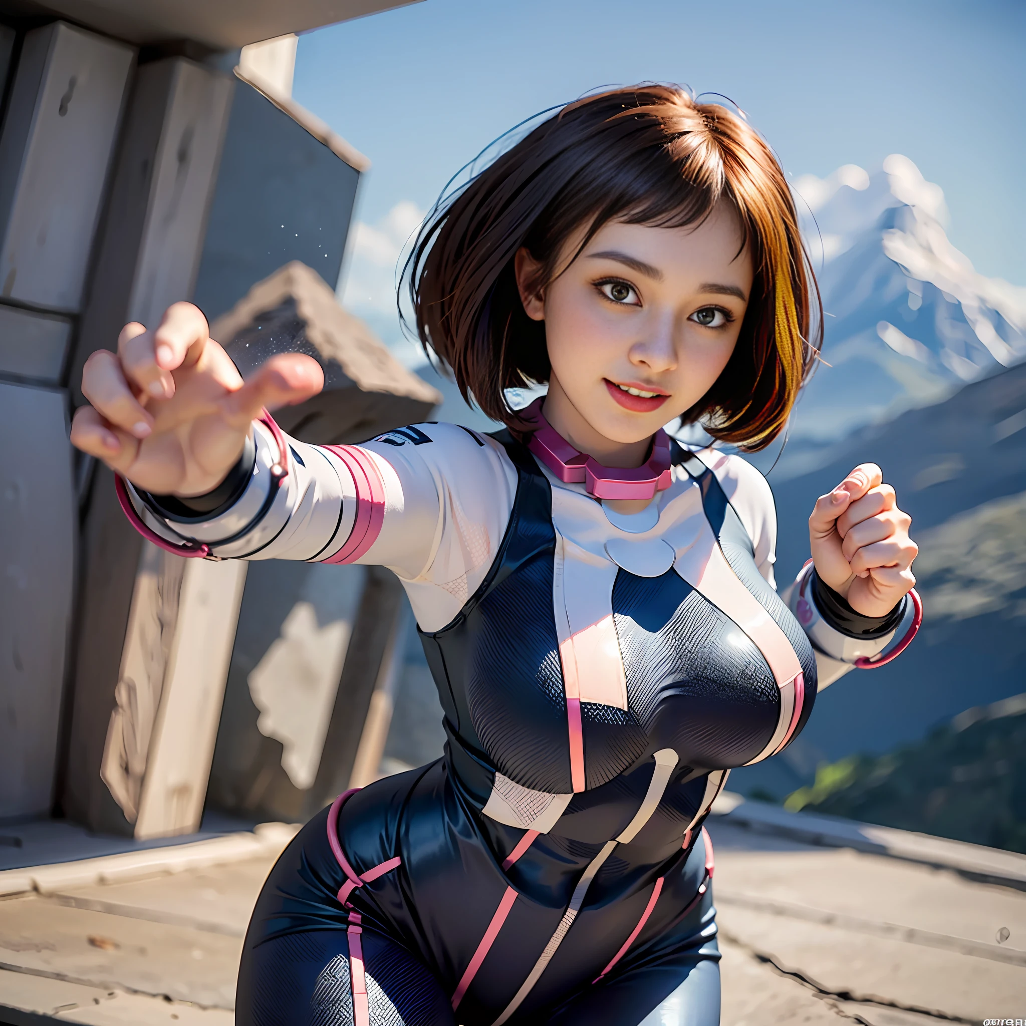 (hmochako:1.2), blush stickers, short hair, big breasts, superhero, (bodysuit: 1.2), smile, cute, (fighting pose: 1.2),  thick thighs, short hair, (breast focus:1.2), (realistic:1.2), (realism), (masterpiece:1.2), (best quality), (ultra detailed), (8k, 4k, intricate),(full-body-shot:1), (85mm),light particles, lighting, (highly detailed:1.2),(detailed face:1.2), (gradients), sfw, colorful,(detailed eyes:1.2), (detailed skyline: 1.2),(detailed background), detailed landscape, (dynamic angle:1.2), (dynamic pose:1.2), (rule of third_composition:1.3), (Line of action:1.2), wide shot, daylight, solo.
