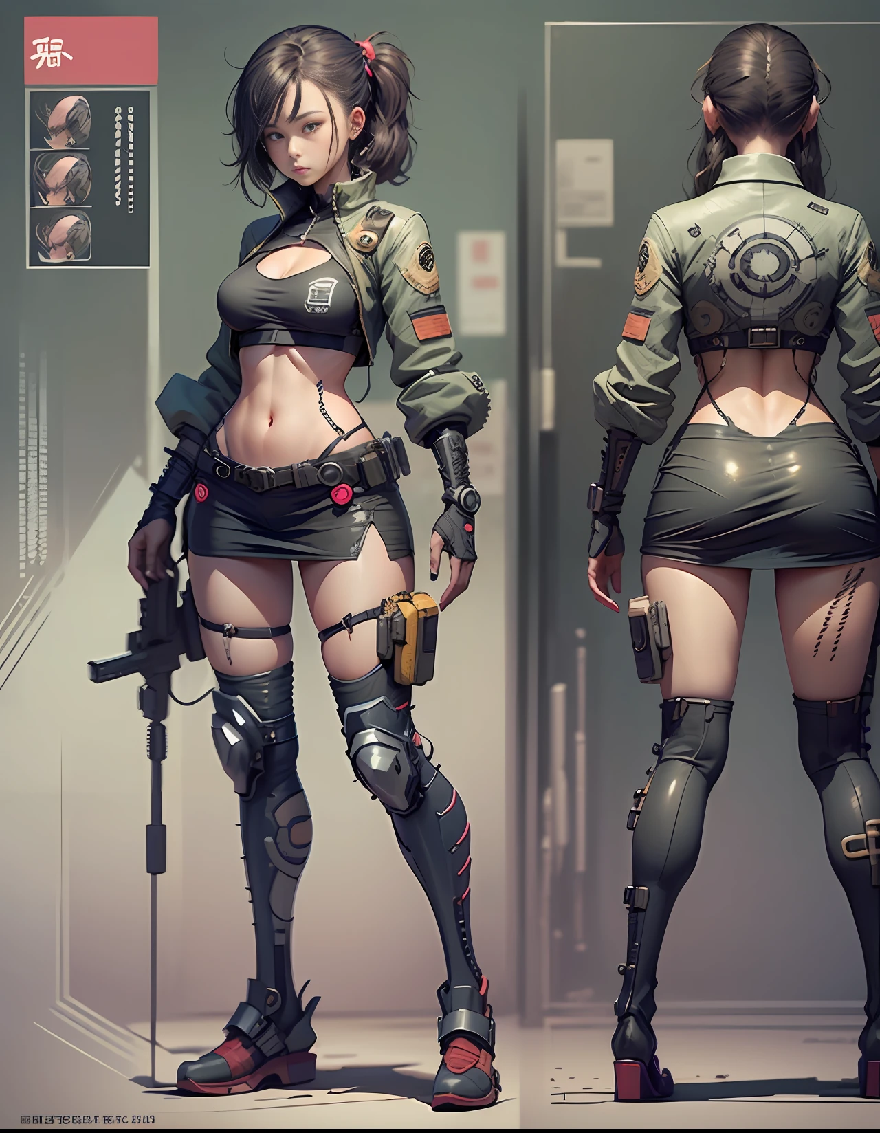 Charakterblatt eines Cyberpunk-Mädchens im japanischen Manga-Stil, Vorne und Hinten, Ganzkörper, bunte Cyberpunk-Kleidung, weißer und schwarzer Hintergrund, trägt ein Gewehr auf dem Rücken, Ausrüstung, ausführlich, kompliziert