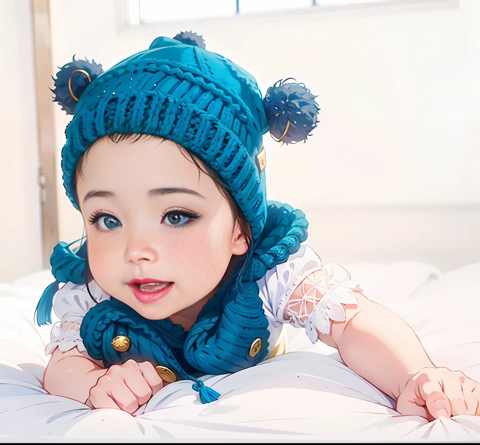 a close up of a baby laying on a bed wearing a blue hat, wearing a cute hat, adorable and cute, very cute and childlike, adorable and cute, it's wearing a cute little hat, knitted hat, with teal clothes, Cute boy, adorable and cute, adorable and cute, adorable and cute, 1 5 0 4, beautiful cute, wearing wool hat,huge eyes，Smileing