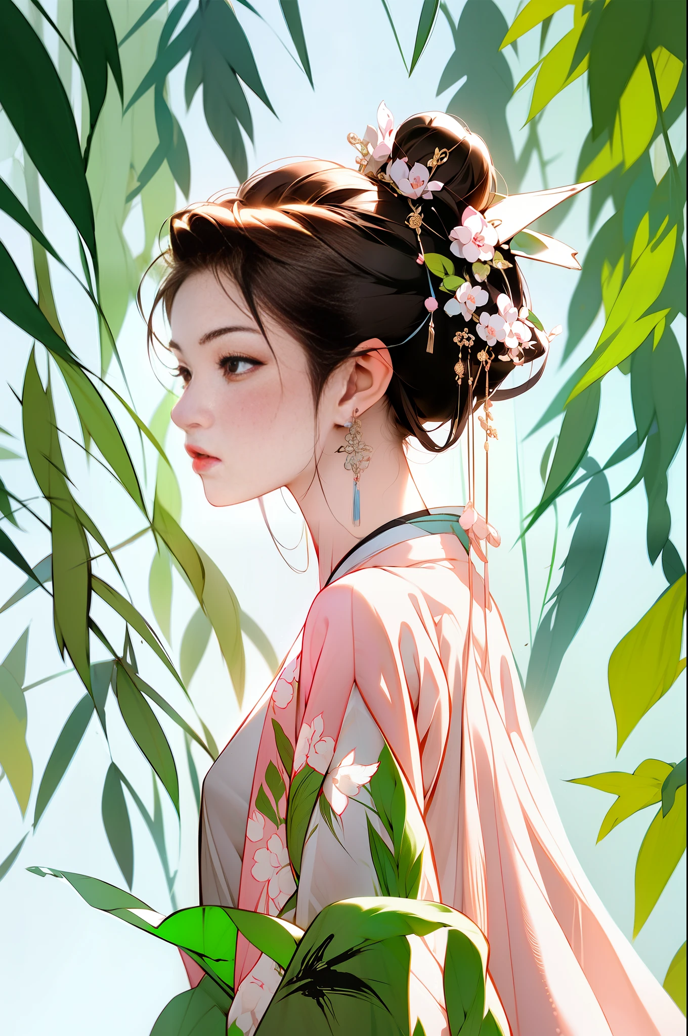 A Masterpiece，high quailty，animejpholic，cg，Traditional Chinese painting style，Tang dynasty style，Painting style: Qiu Ying and Song Huizong，Colors of artist Sargent，1girle，clasic，Chinese wind，Hanfu，Flowing tulle，with long black hair，hair long，closeup，beautiful light，Extremely beautiful detail face and brown eyes，elegence，Gorgeous long dress，Fluttering silk，fluffly hair，Transparent hosta，Small and beautiful earrings，Pink lips，Depict a cool temperament for the artwork，UHD