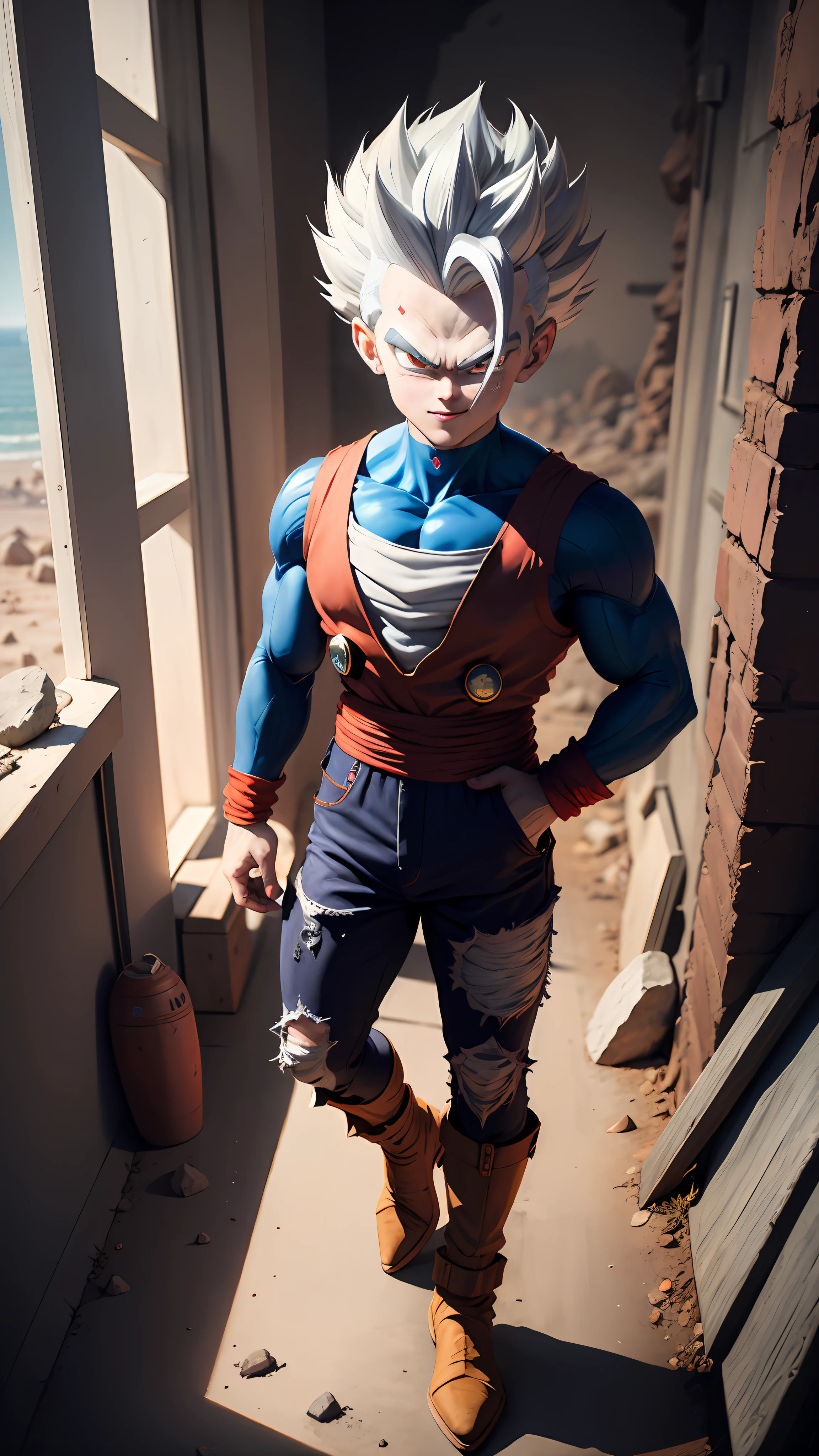 masterpiece, best quality, ultra-detailed, adusonic vegeta 1boy, solo, super sayagin 5, full body, evil smile, gray hair, spiky hair, red eyes, dougi, full body, looking at the viewer, male focus, earth \(planet\), planet, space, cracked soil and rocks rising, rubble rising,