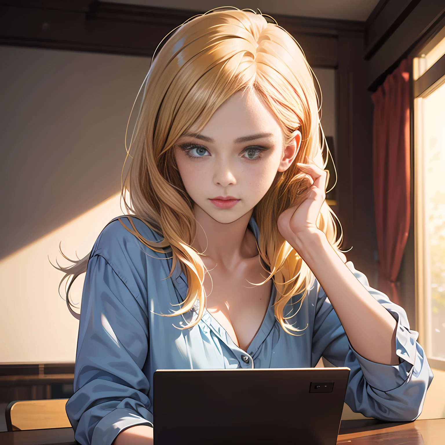 there is a woman with blonde hair and gray eyes, European German 25YO, sitting at a table with a laptop, photorealistic anime girl render, realistic anime 3 d style, cinematic bust shot, render of a cute 3d anime girl, render of April, anime CGI style, a hyperrealistic schoolgirl with Neckline, cinematic close-up bust shot, a hyperrealistic schoolgirl, semi-realistic render, realistic schoolgirl.