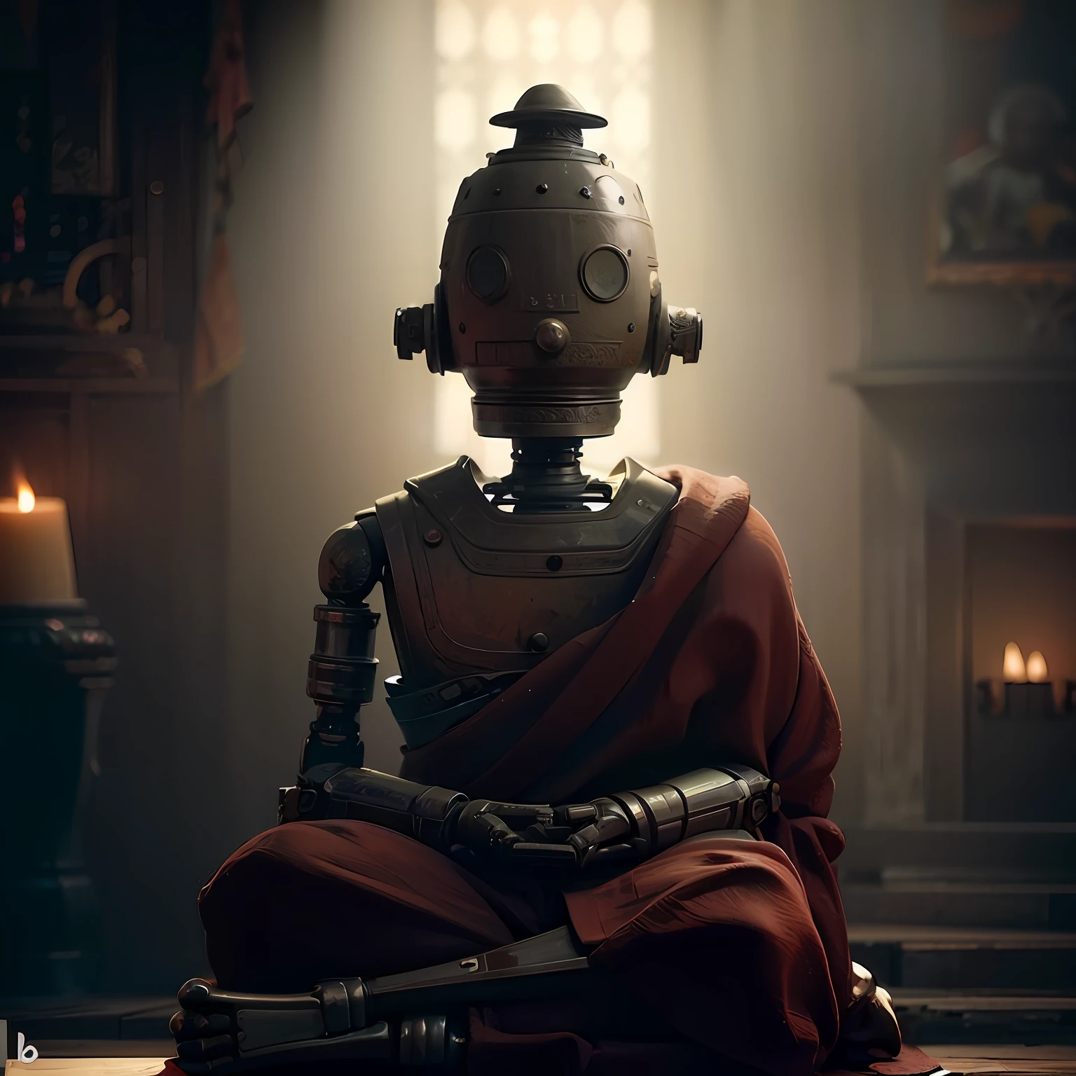 Robot Arafed sentado en el suelo en una habitación con poca luz., un cyborg meditando, Meditación Zen Cyberpunk, Personaje pequeño. Motor irreal 5, Cinemático Unreal Engine 5, detalhado Motor irreal 5 render, Hecho en Unreal Engine 5, Unreal Engine 5 altamente renderizado, Criado em Unreal Engine 5, motor irreal renderizado 5, renderizado no Unreal Engine 5