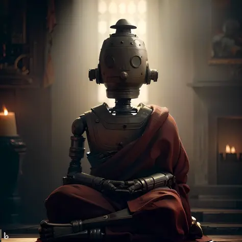 arafed robot sitting on the floor in a dimly lit room, um ciborgue meditando, Zen Cyberpunk Meditation, Personagem pequeno. Moto...