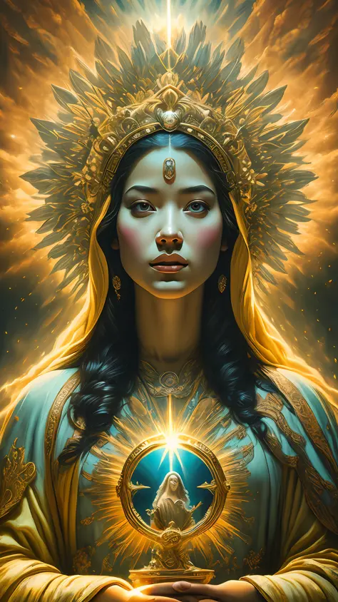 Retrato muy detallado de un halo de luz de Dios Sol de Jesucristo, tez morena, rostro limpio, oro en sus vestiduras, motor irrea...