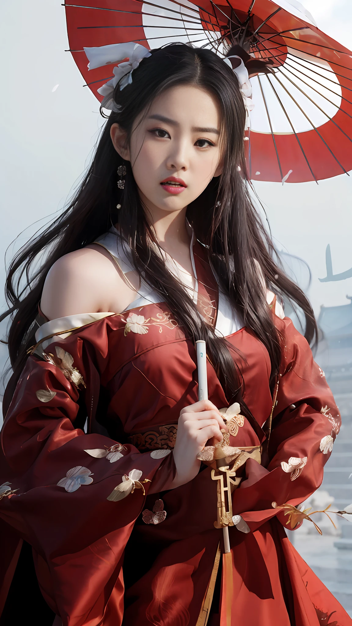 araffe asian woman in red dress holding an umbrella, royal palace ， a girl in hanfu, Hanfu, wearing ancient chinese clothes, with acient chinese clothes, traditional beauty, white hanfu, Chinese style, inspired by Huang Ji, wearing a red cheongsam, Chinese costume, Hanbok, traditional chinese, gorgeous chinese model, Traditional Chinese clothing