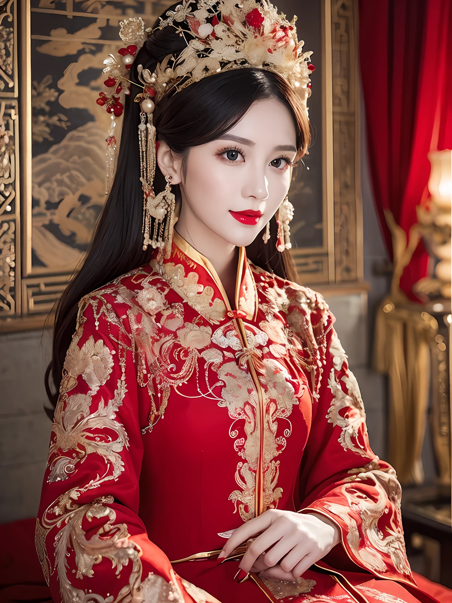 (ultra realistic 8k CG:1.2),perfect artwork,delicate pattern,intricate detail, (unparalleled masterpiece,best quality:1.2),(extremely intricate:1.2),a woman in a red and gold dress, Phoenix crown,hair stick,(sitting on red bed),Cosmetic,blush,shy,black_hair, looking down, Cosmetic,(forehead dot),(2 red candles), chinese_clothes, curtains, earrings, hair_ornament, hanfu, indoors, jewelry, red nails, long_sleeves, red dress, red lips, tassel, (Red quilt),(red palace:1.2),(ancient Chinese architecture),(red:1.8),night,seethru