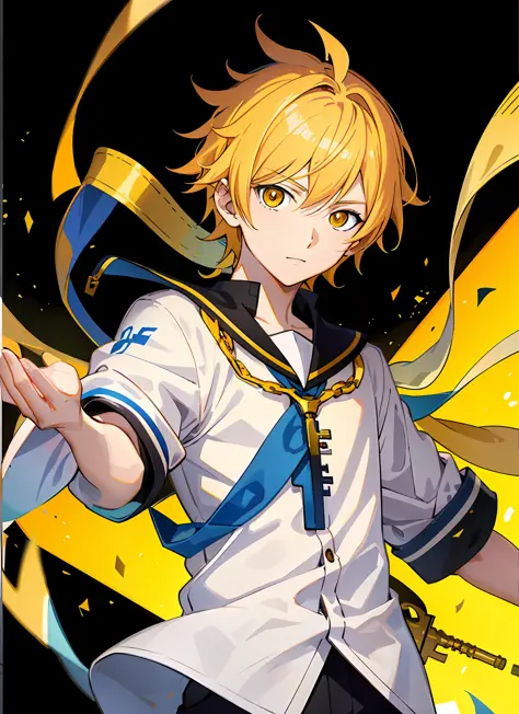 anime character with yellow eyes and a white shirt and black pants, key anime art, orange - haired anime boy, key anime visuals,...