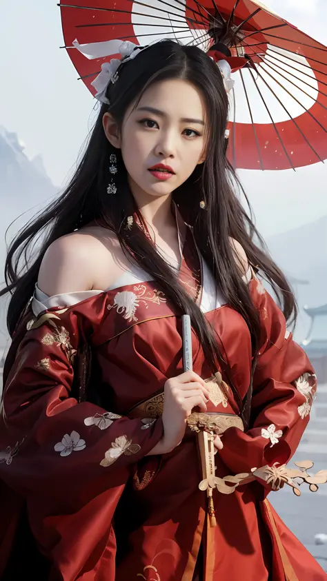 araffe asian woman in red dress holding an umbrella, royal palace ， a girl in hanfu, Hanfu, wearing ancient chinese clothes, wit...
