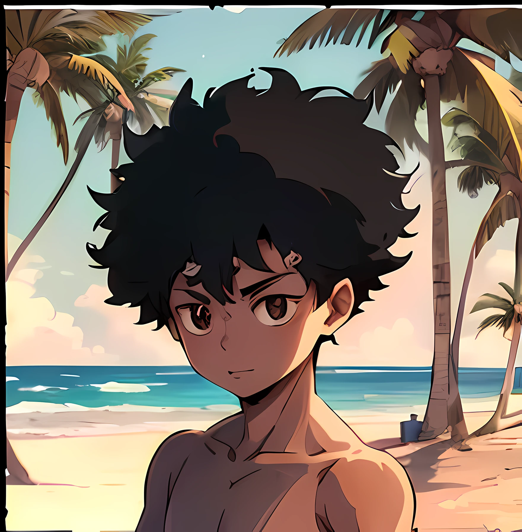 menino anime com óculos em pé na praia perto de palmeiras, arte oficial, afro, em uma praia, anime afrofuturismo, ele tem cabelos castanhos curtos e cacheados, na praia, com afro, afro encaracolado, cara bonito na arte demon slayer, na praia, arte anime de alta qualidade, na praia, arte oficial, fanart detalhado, Ilustração oficial, fanart oficial --auto