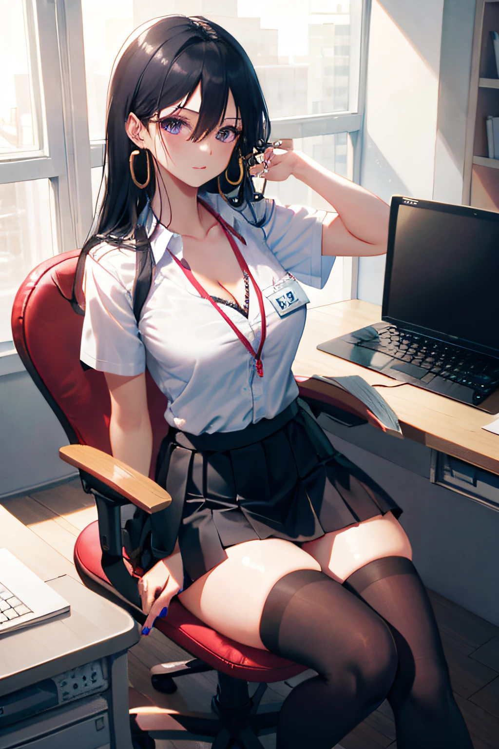 Boa hancock, 1girl, solo, ((white shirt)), black thighhighs, breasts, cleavage, uniform, office background, black skirt, pleated skirt, office, hair between eyes, large breasts, long hair, looking at viewer, black hair, red short nails, purple eyes, solo, thighhighs, thighs, very long hair, ((masterpiece)), sitting, chair, desk, computer on desk, name tag, id tag, indoor, golden earing, short sleeve, office shirt top,