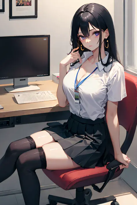 Boa hancock, 1girl, solo, ((white shirt)), black thighhighs, breasts, cleavage, uniform, office background, black skirt, pleated...