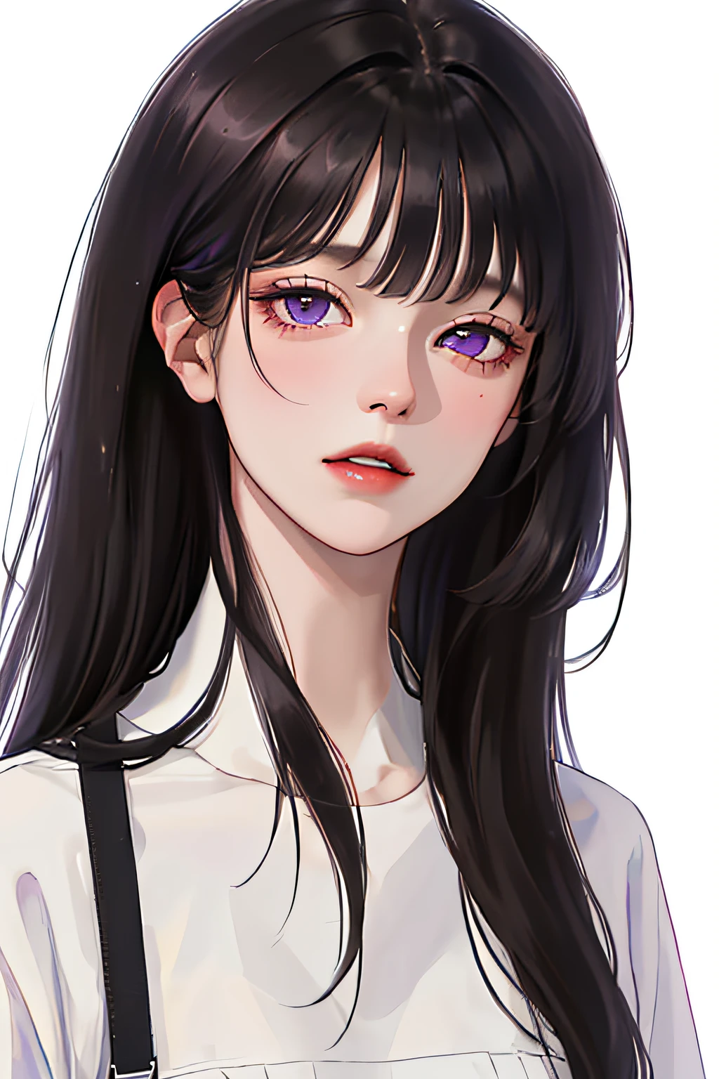 (highest resolution, distinct_image) The best quality, a woman, masterpiece, highly detailed, (semi-realistic), long black hair, long straight hair, black hair bangs, purple eyes, mature, cherry glossy lips, white background, close-up portrait, solid circle eyes, minimalistic