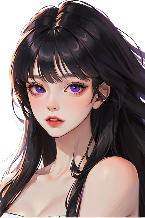 (highest resolution, distinct_image) The best quality, a woman, masterpiece, highly detailed, (semi-realistic), long black hair, long straight hair, black hair bangs, purple eyes, mature, cherry glossy lips, white background, close-up portrait, solid circl...
