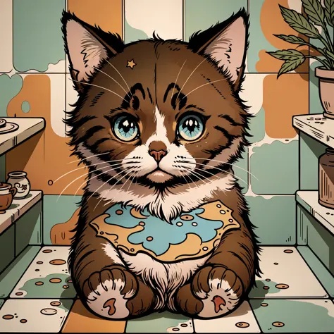 cute cartoon cat, sticker, beautiful colors —tile