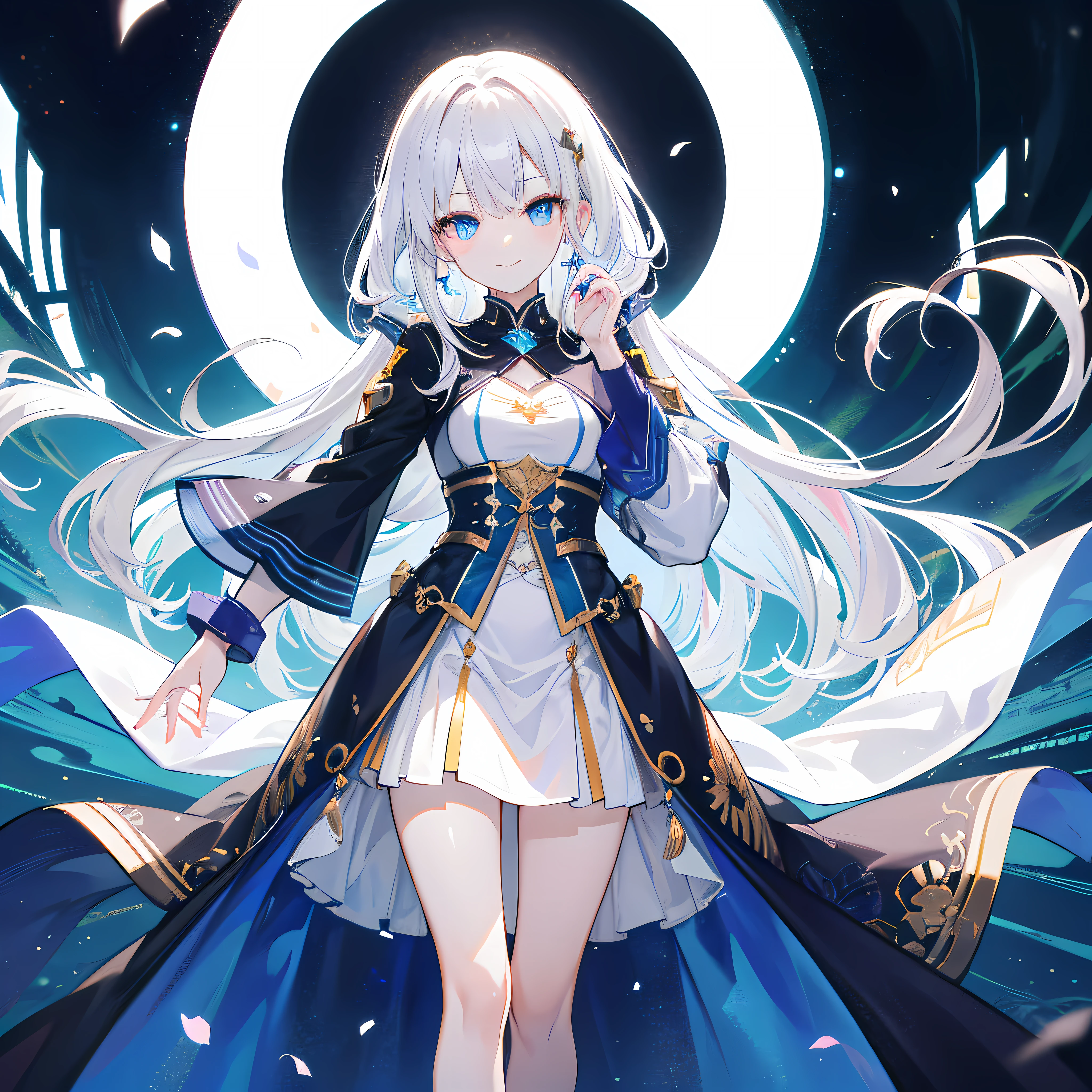 Two-dimensional girl, white  hair, Blue eyes, Smileing, fair-skinned, with shiny skin, High Picture Quality, well detailed, White nail polish, White hair, Long hair, Smileing, Anime, tachi-e, Lens flare, Ultrahigh definition, Masterpiece, Textured skin, super-detail, highdetail, High quality, Best quality, high res, High-definition full-body photo