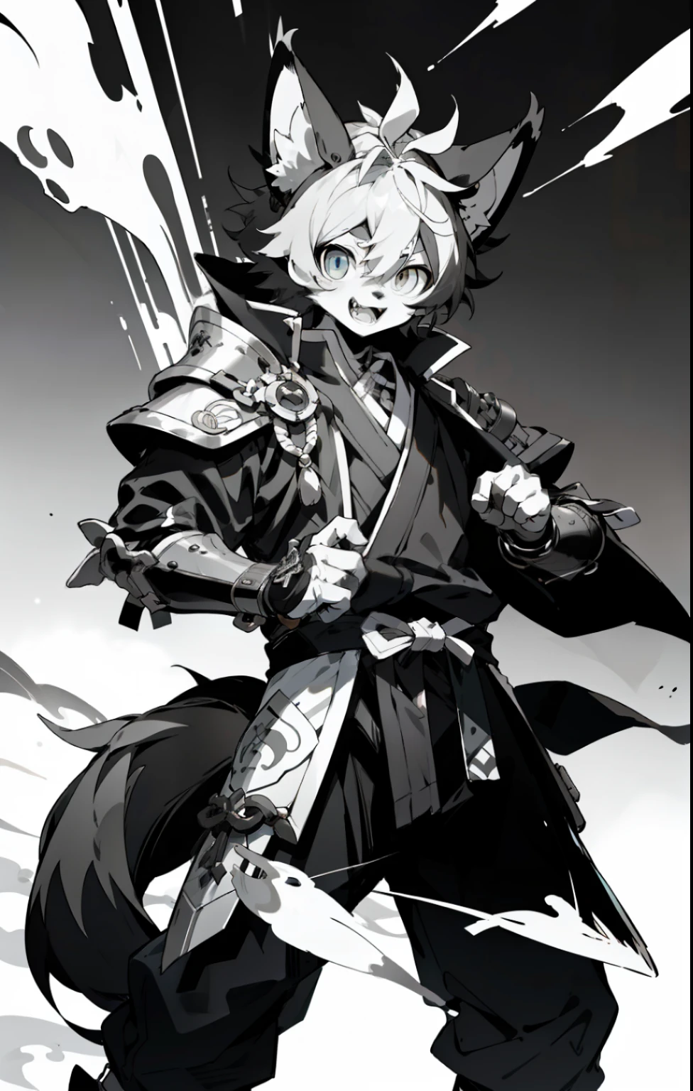 Fury，kig，shaggy，foxes，personification，Black and white color scheme，National style，Costume，Retro，taichi，Leather armor，Handsome，Triple view，Zhao Zilong，National art。