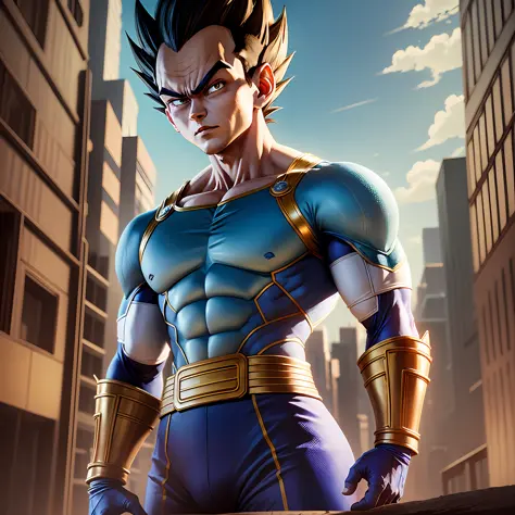 Vegeta, super sayagin 5, 20 years old with fair skin is a real masterpiece of male beauty, Anatomically perfect from the modern man standing tall in an abandoned haunted city. Moonlight accentuates your muscles and scars. Lush and mysterious landscapes, wi...