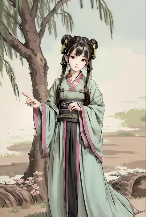 Shuk walked ma, negative space, , shuimobysim, Portrait of a scholar, Willow branches, (A Masterpiece, bestbestquality:1.2), Traditional chinese painting, Model style, placid, (Smileing), looking at viewers, Wearing a long Han costume, Hanfu,song，Willow tr...