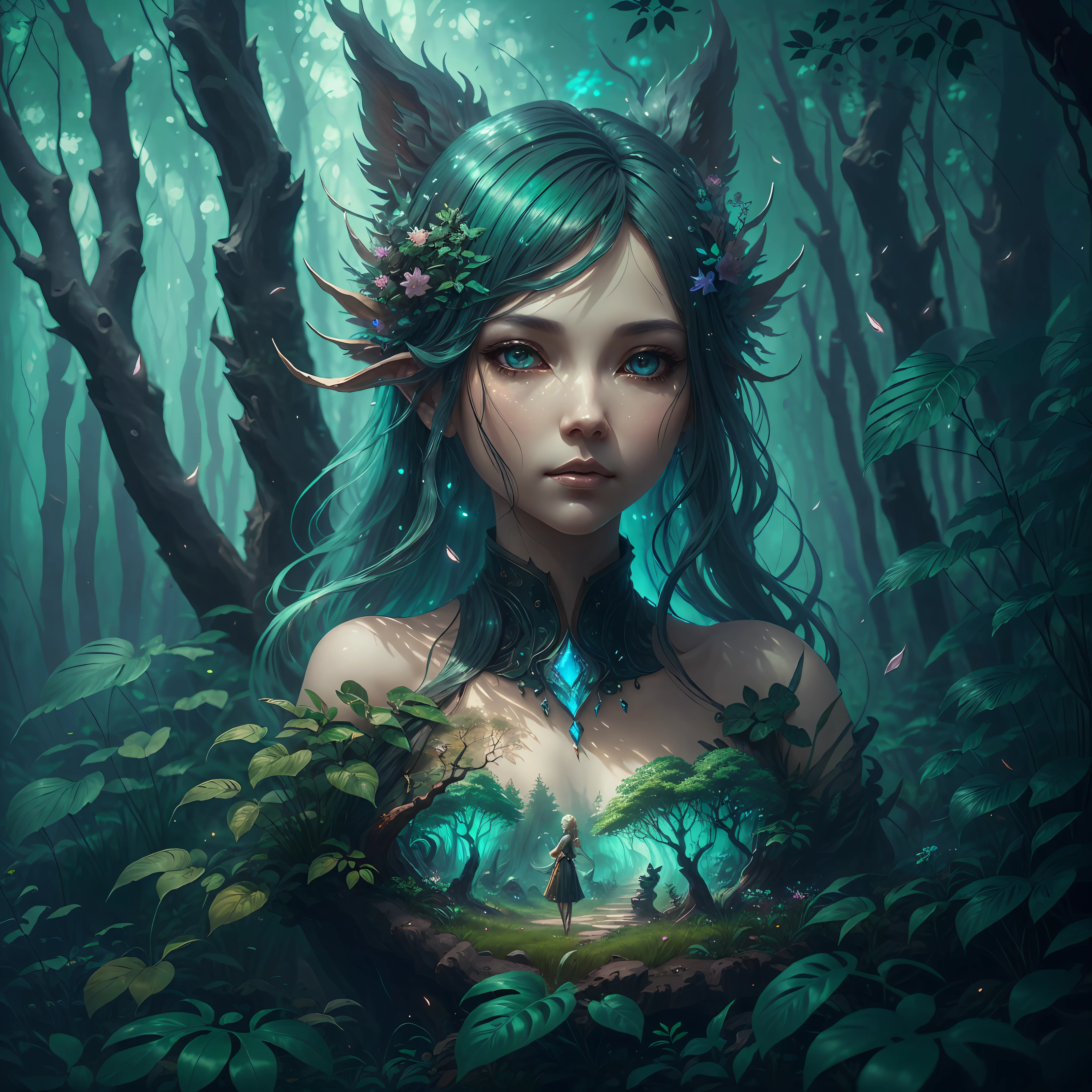 generate a  female forest spirit ((created in the style of Ruan Jia artstation)). The woman should have a beautifully detailed face and eyes with realistic shading. She should be in an enchanting, whimsical, and lush vegetation (created in the style of Hayao Miyazaki). include ethereal glow, mystical creatures, vibrant colors, dreamlike atmosphere, realism. wideshot showing landscape. include phantasmal iridescence and fantasy details