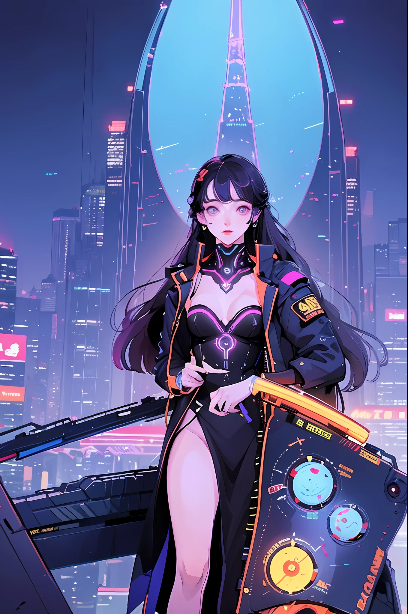 Design an AI artwork that showcases a mesmerizing, futuristic cityscape filled with neon lights and towering skyscrapers. Integrate attractive men and women in stylish attire, with glowing hair and augmented reality elements, giving the artwork a trendy and visually striking feel.