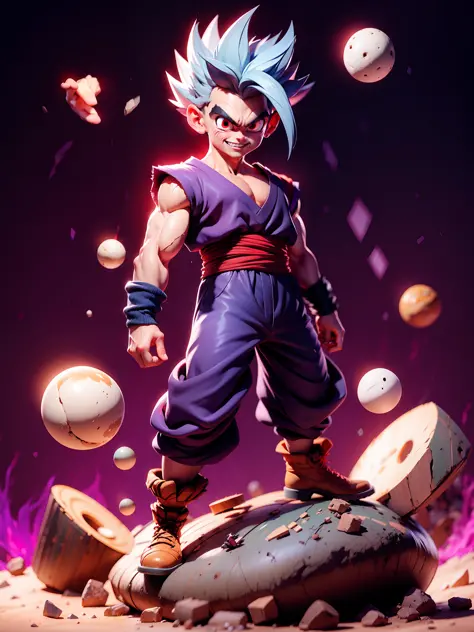 masterpiece, best quality, ultra-detailed, Adult Gohan 1boy, solo, Full body, evil smile, grey hair, spiked hair, (((red eyes))), (((perfect eyes))), (((PURPLE dougi))), full body, looking at viewer, male focus, earth \(planet\), planet, space, cracked gro...