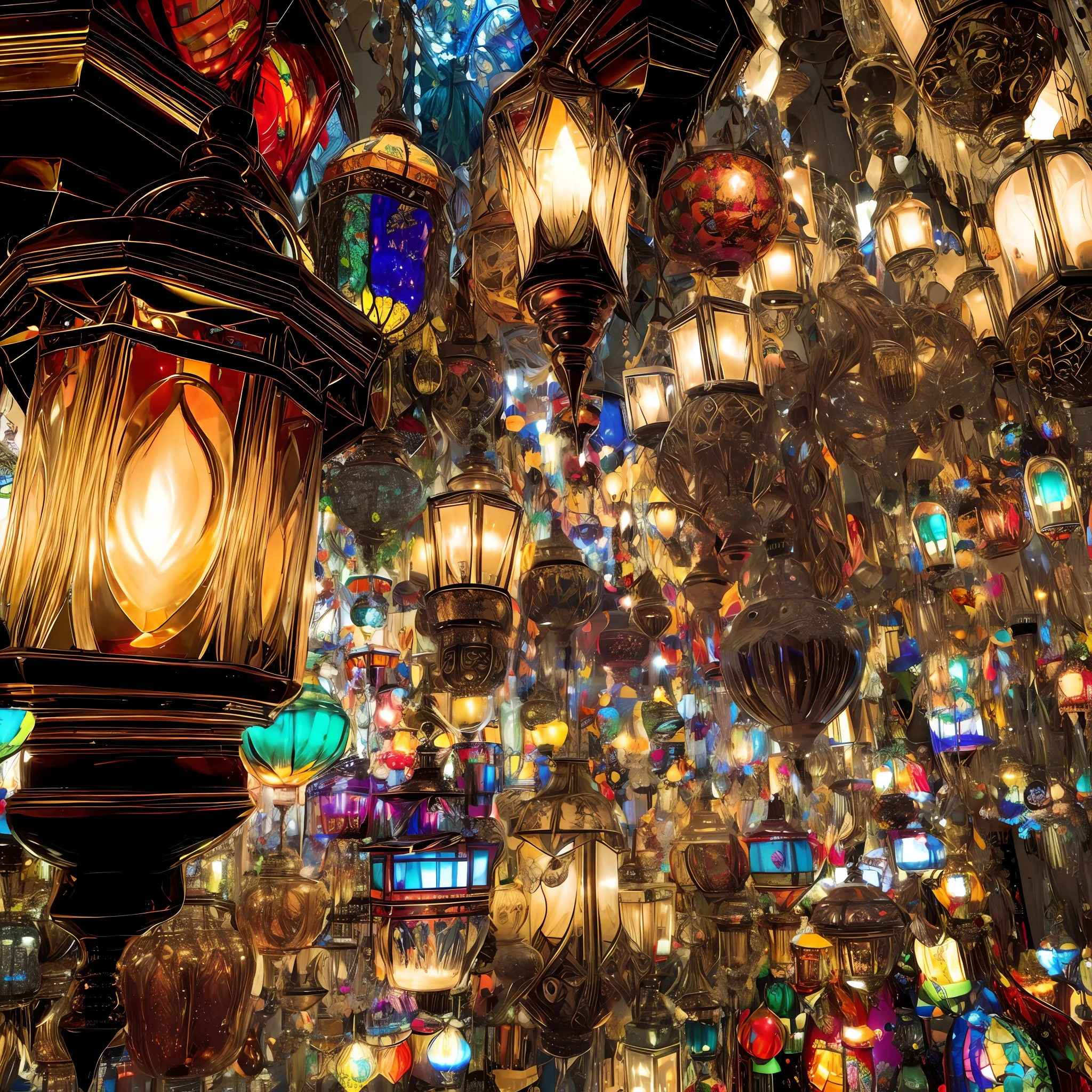 a large number of 燈 hanging from the ceiling in a store, beautiful lit 燈, glowing 燈, 複雜的燈光, colorful 燈籠, 在阿拉伯市場市集內, 令人驚嘆的燈光, 錯綜複雜的閃閃發光的氣氛, shining 燈, 耀眼的燈光, 燈籠, 令人著迷的, 美麗的燈光, 許多發光的燈, 美麗的燈光, 很多燈, 令人驚嘆的燈光 shining, 燈, 神秘的燈光