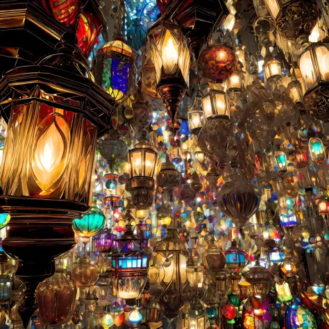 a large number of lamps hanging from the ceiling in a store, beautiful lit lamps, glowing lamps, intricate lights, colorful lant...