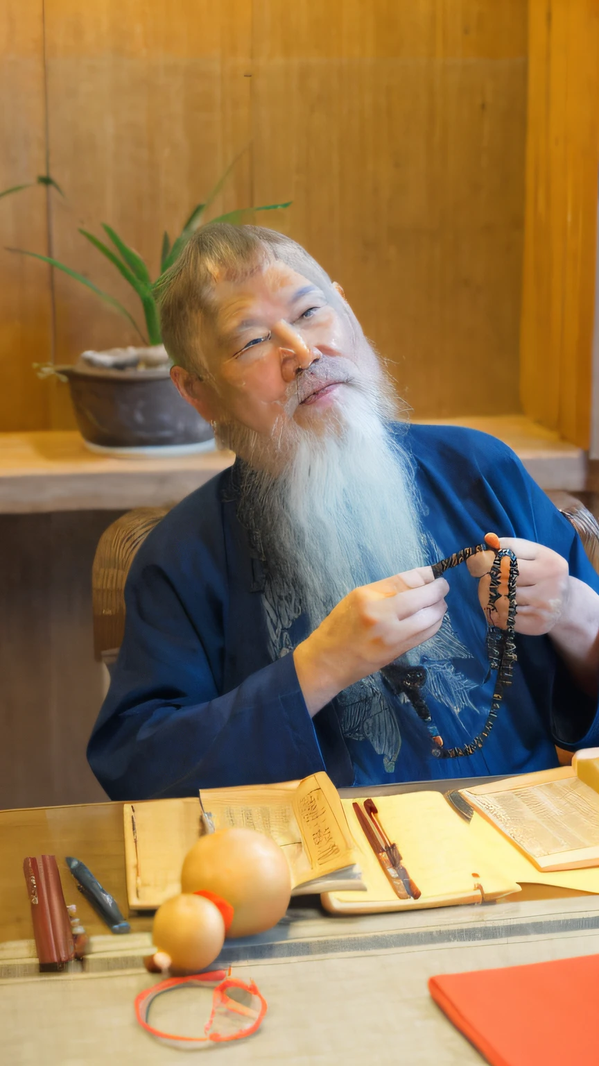 arafed man with a long white beard sitting at a table with a rosary, taoist, Daoist, ueshiba riichi, Chiba Yuda, ukrainian monk, riichi ueshiba, holy man looking at ground, ancient japanese monk, miyagawa choshun