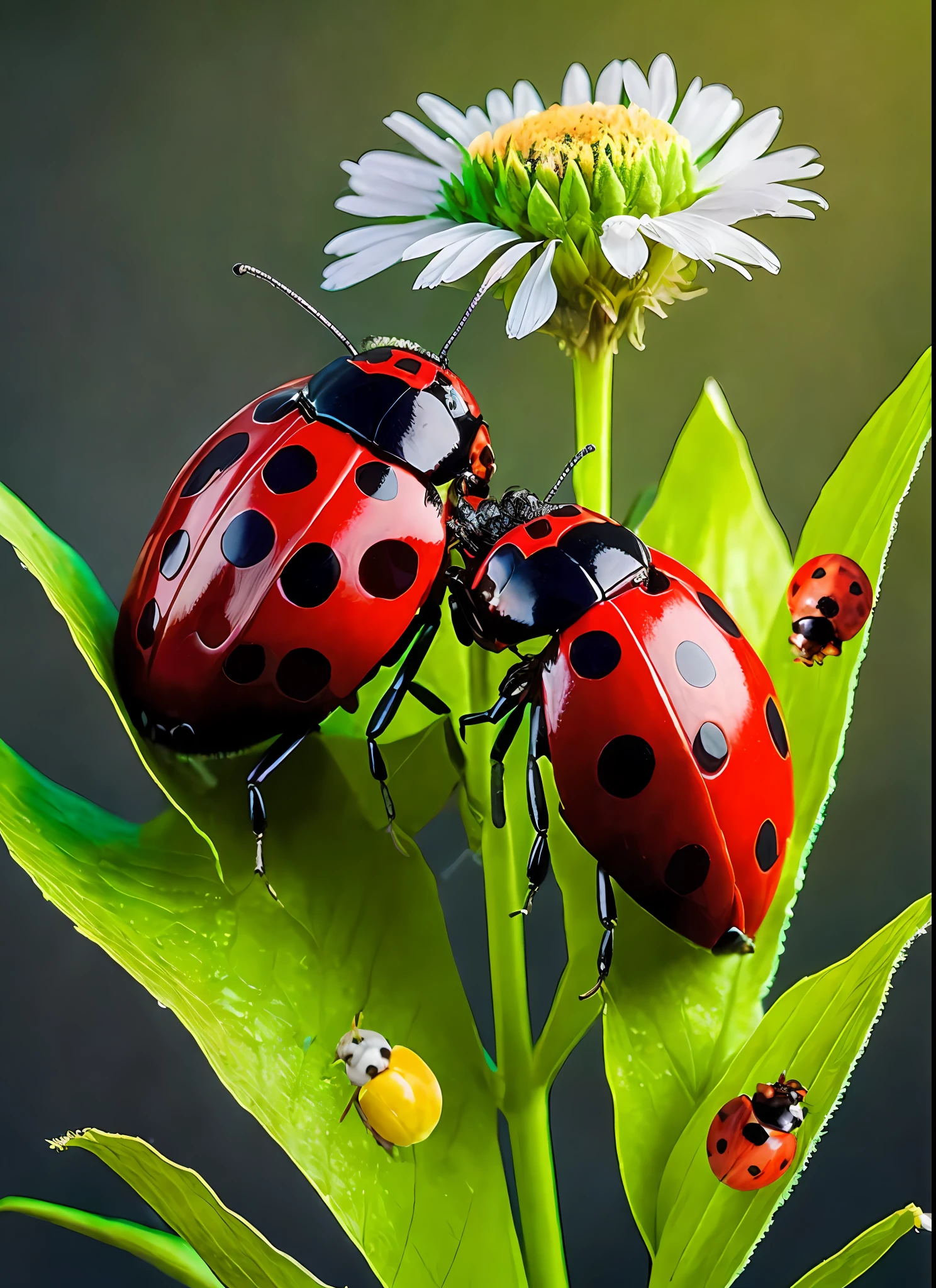 coccinelles em uma folha verde com uma flor branca no fundo