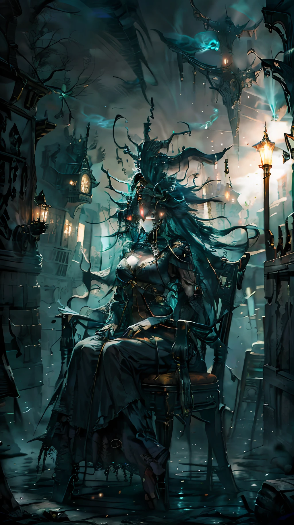 Dark style theme, The picture is extremely dark and evil, Center of the screen, A woman in a crimson cheongsam sits on an antique chair, Wear a strange headdress to cover your face, An evil gate opened behind her, Two monsters are now next to the gate, The eyes are red, gothic art, Fauvism, Backlighting, shadows, Symmetry, eye level shot, Ultrahigh definition, Masterpiece, ccurate, super-detail, High quality, 8K，Mid-range full-body shot，chair:1.2，door:1.2